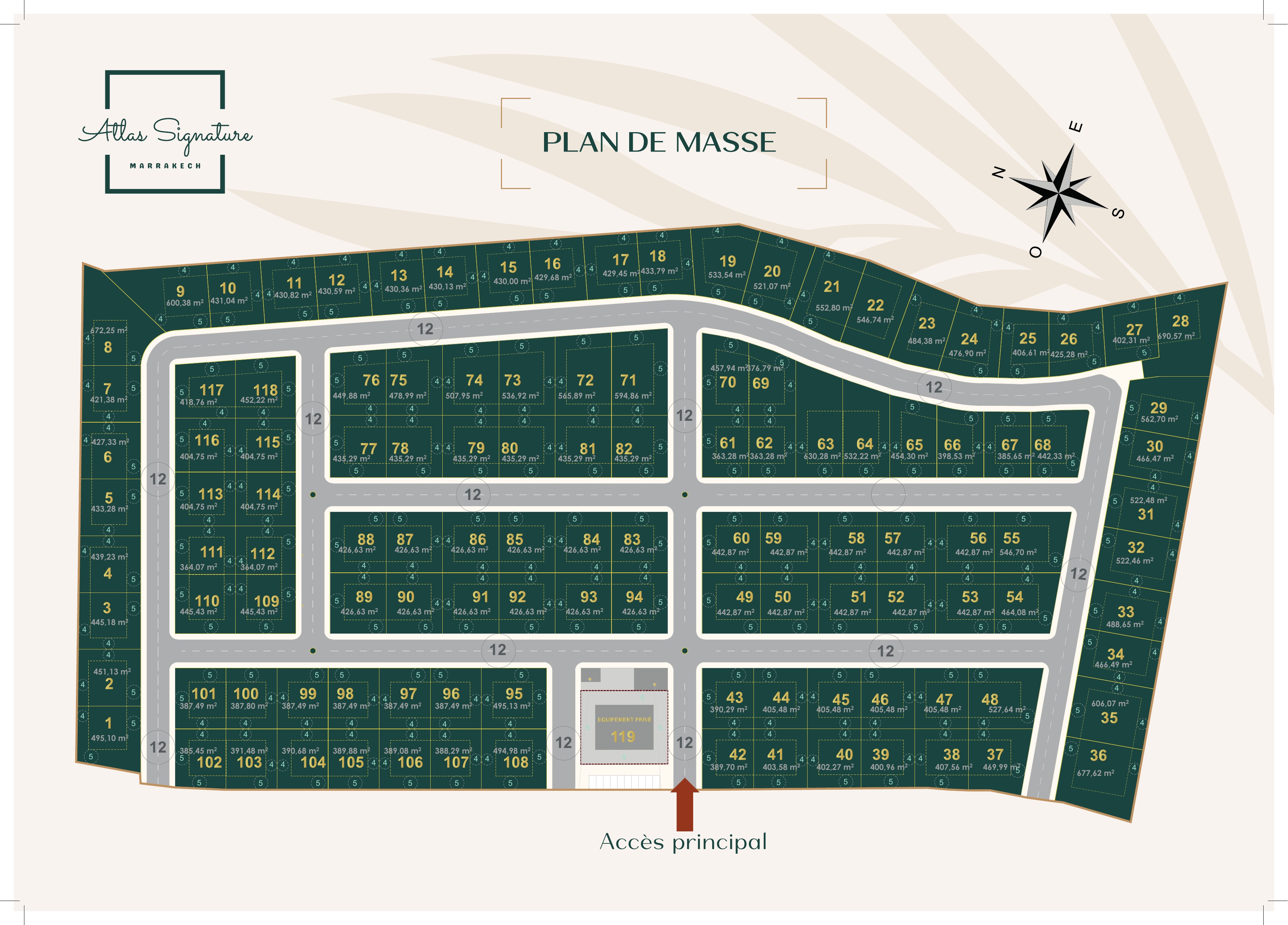 Plan de masse du domaine Atlas Signature — 119 lots de villa avec surfaces, voirie et accès principal